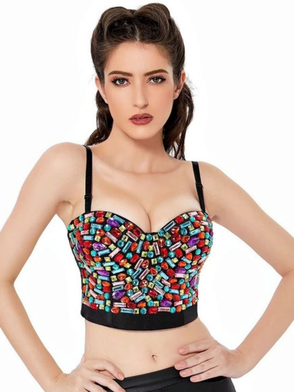 Beaded Bustier Crop Top in Black & Multicolor Like New